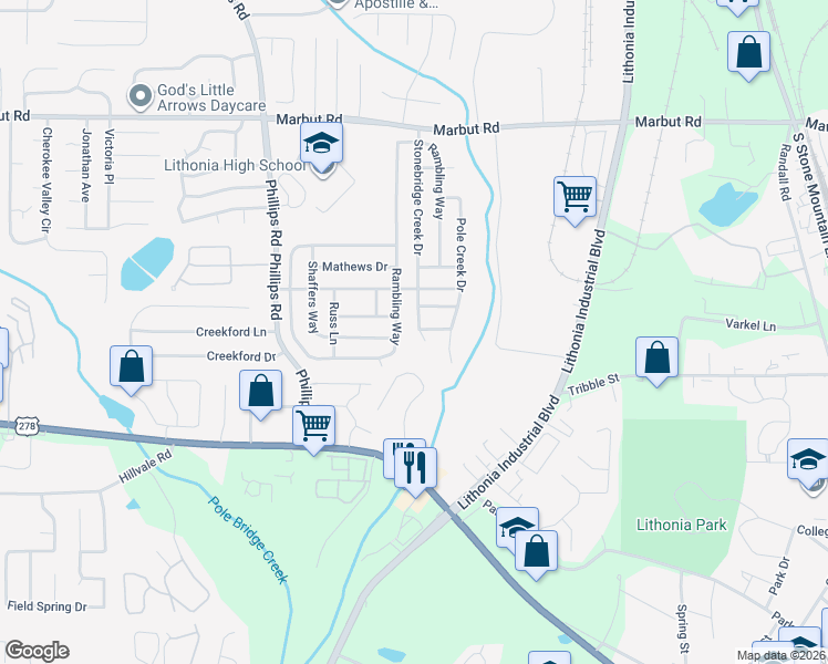 map of restaurants, bars, coffee shops, grocery stores, and more near 3117 Stonebridge Creek Drive in Lithonia