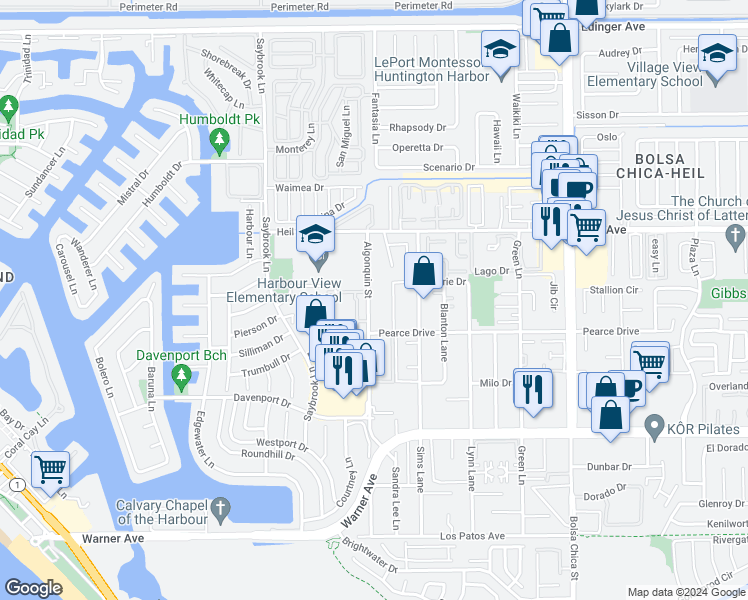 map of restaurants, bars, coffee shops, grocery stores, and more near 16662 Algonquin Street in Huntington Beach