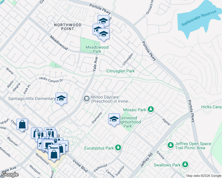 map of restaurants, bars, coffee shops, grocery stores, and more near 3 Trovita in Irvine