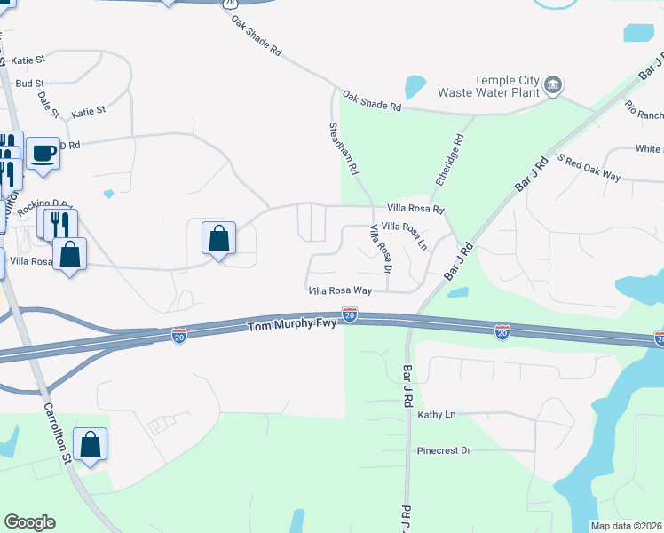 map of restaurants, bars, coffee shops, grocery stores, and more near 37 Villa Rosa Court in Temple