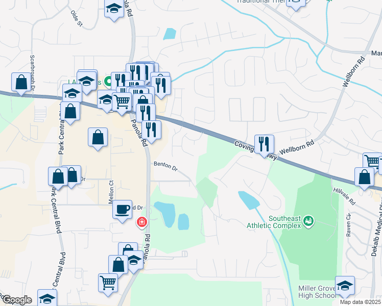 map of restaurants, bars, coffee shops, grocery stores, and more near 2346 Rolling Trail in Lithonia