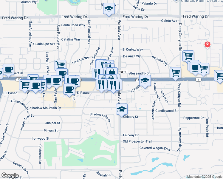 map of restaurants, bars, coffee shops, grocery stores, and more near 73960 El Paseo in Palm Desert
