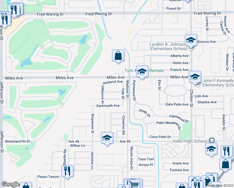 map of restaurants, bars, coffee shops, grocery stores, and more near 80917 Brown Street in Indio