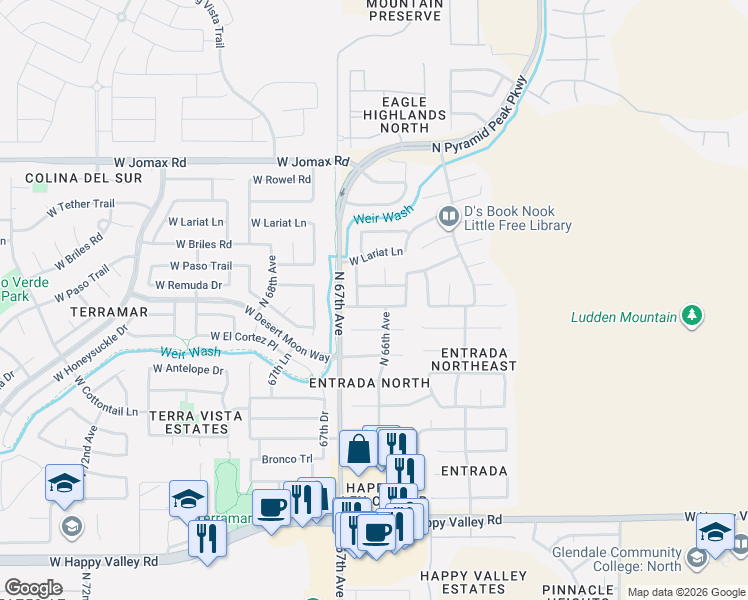 map of restaurants, bars, coffee shops, grocery stores, and more near 6606 West Prickly Pear Trail in Phoenix