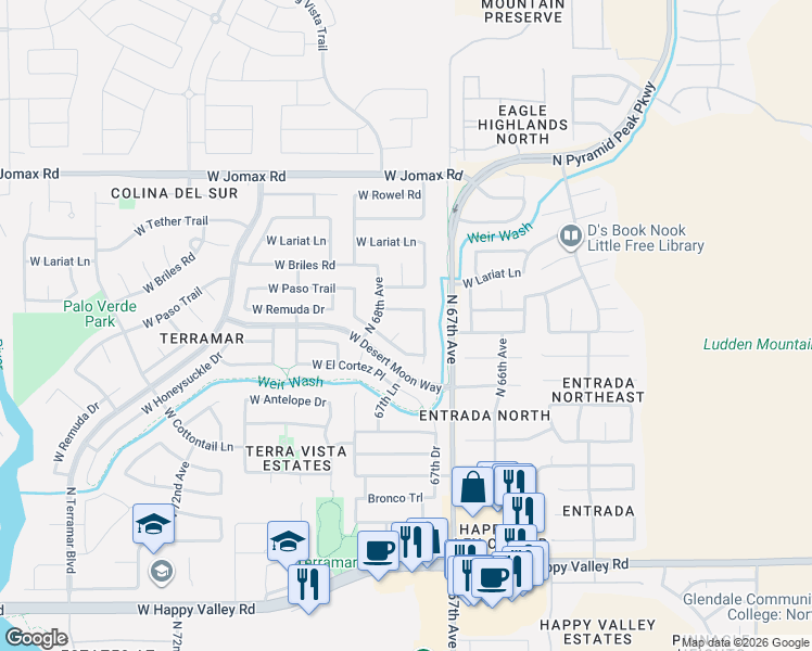 map of restaurants, bars, coffee shops, grocery stores, and more near 25924 North 67th Drive in Peoria