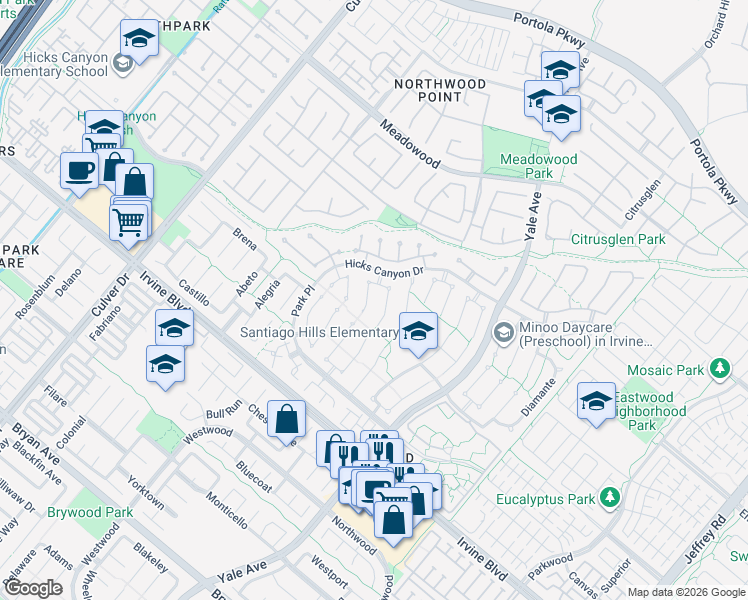 map of restaurants, bars, coffee shops, grocery stores, and more near 8 Glorieta East in Irvine