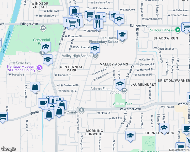 map of restaurants, bars, coffee shops, grocery stores, and more near 2414 West Harvard Street in Santa Ana