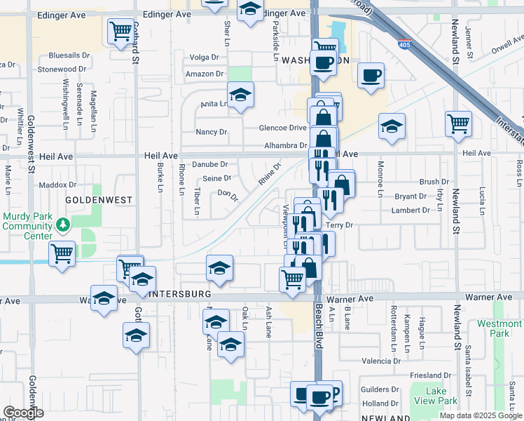 map of restaurants, bars, coffee shops, grocery stores, and more near 16735 Arbor Circle in Huntington Beach