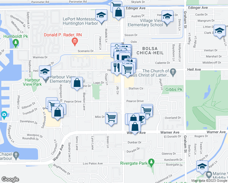 map of restaurants, bars, coffee shops, grocery stores, and more near 16621 Jib Circle in Huntington Beach
