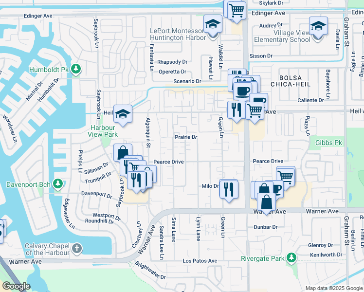 map of restaurants, bars, coffee shops, grocery stores, and more near 16671 Blanton Lane in Huntington Beach