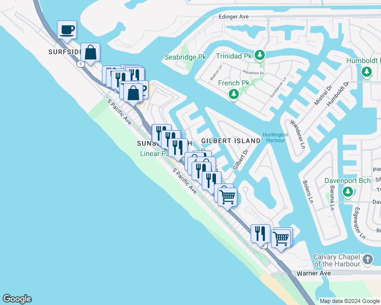 map of restaurants, bars, coffee shops, grocery stores, and more near 16692 Intrepid Lane in Huntington Beach
