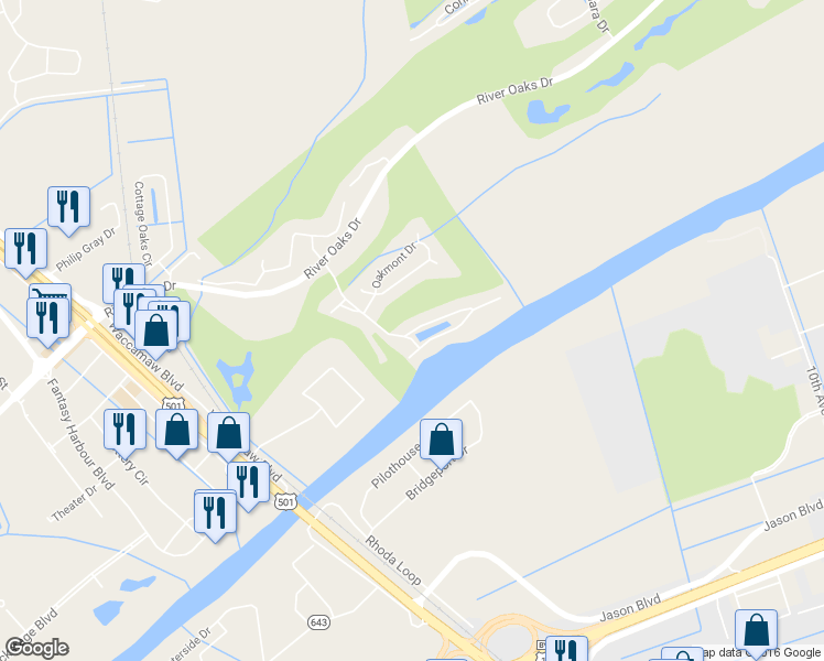 map of restaurants, bars, coffee shops, grocery stores, and more near 607 Waterway Village Boulevard in Myrtle Beach
