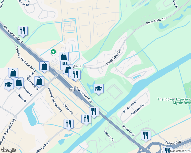 map of restaurants, bars, coffee shops, grocery stores, and more near 65-D River Oaks Drive in Myrtle Beach