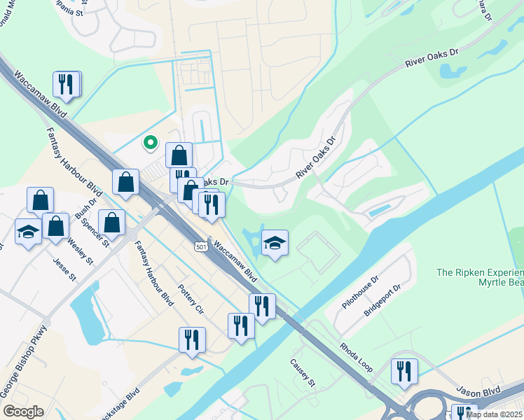 map of restaurants, bars, coffee shops, grocery stores, and more near 65-D River Oaks Drive in Myrtle Beach