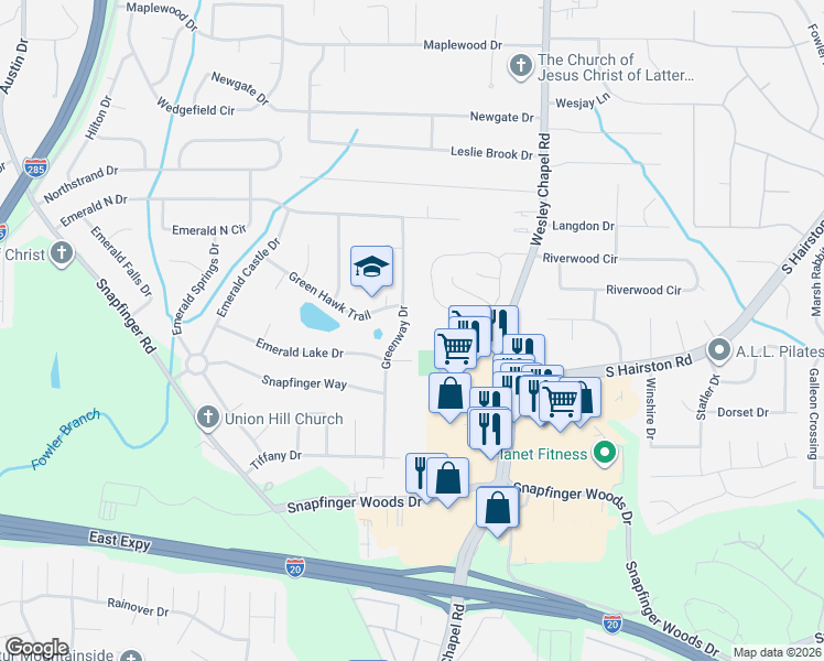 map of restaurants, bars, coffee shops, grocery stores, and more near 2332 Greenway Drive in Decatur