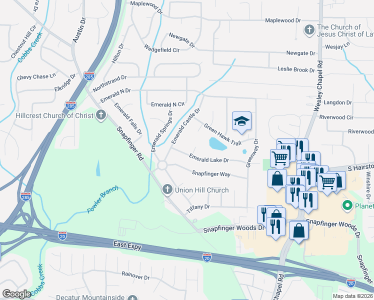 map of restaurants, bars, coffee shops, grocery stores, and more near 2331 Emerald Lake Court in Decatur