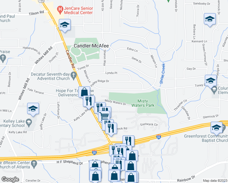 map of restaurants, bars, coffee shops, grocery stores, and more near 2664 Miriam Lane in Decatur