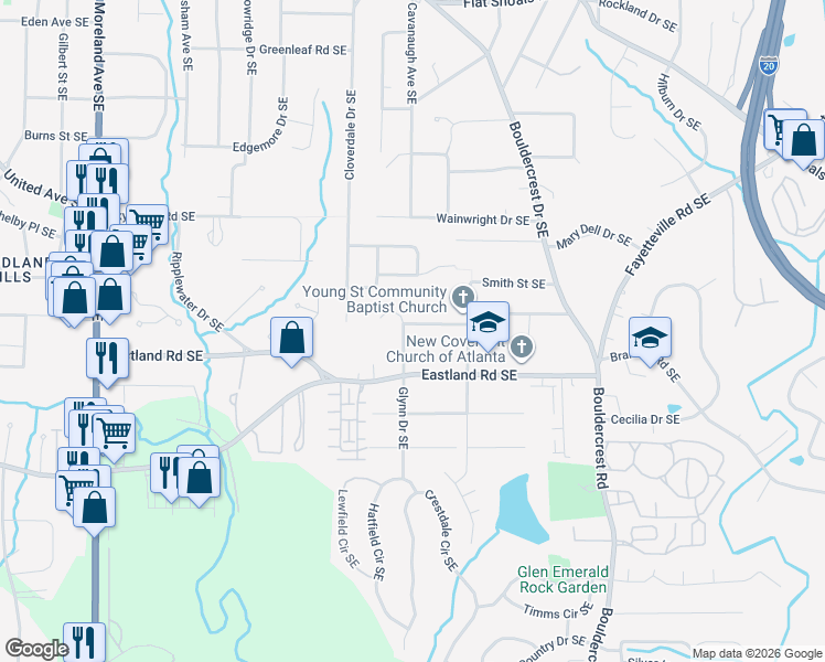 map of restaurants, bars, coffee shops, grocery stores, and more near 1301 Sargent Avenue Southeast in Atlanta