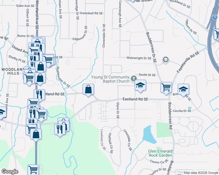 map of restaurants, bars, coffee shops, grocery stores, and more near 2340 Glynn Drive Southeast in Atlanta