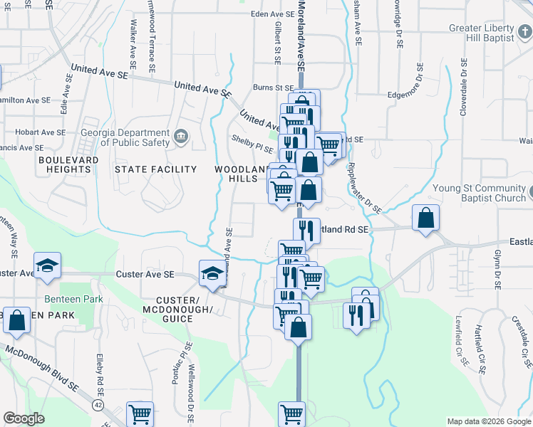 map of restaurants, bars, coffee shops, grocery stores, and more near 1147 Knott Street Southeast in Atlanta