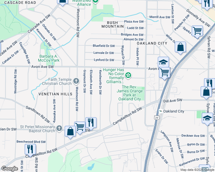 map of restaurants, bars, coffee shops, grocery stores, and more near 1280 Kenilworth Drive Southwest in Atlanta