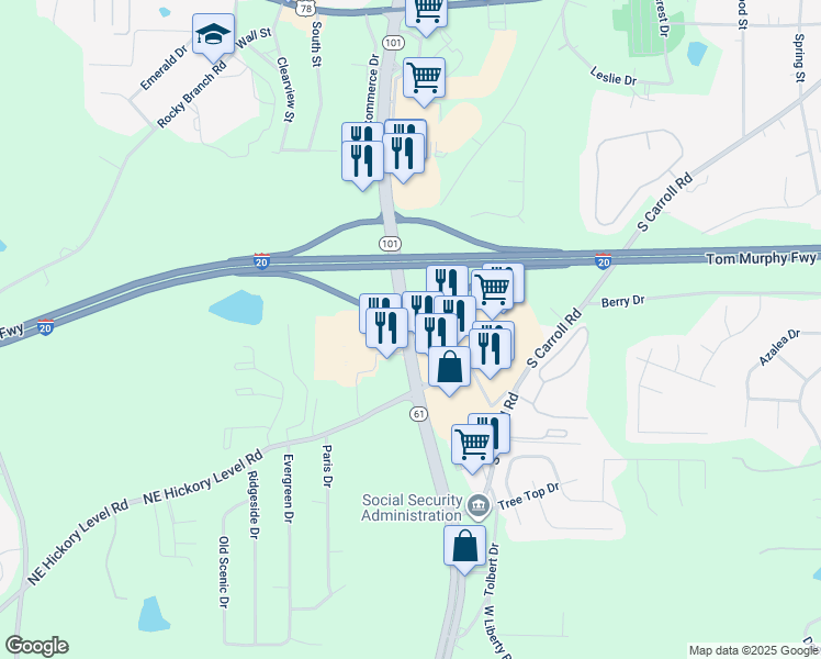 map of restaurants, bars, coffee shops, grocery stores, and more near 592 Carrollton Villa Rica Highway in Villa Rica