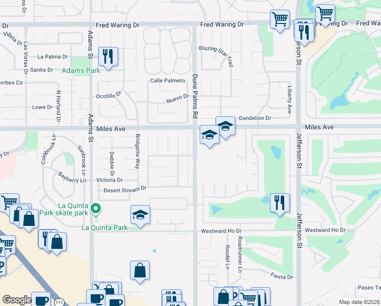 map of restaurants, bars, coffee shops, grocery stores, and more near 45210 Desert Hills Court in La Quinta