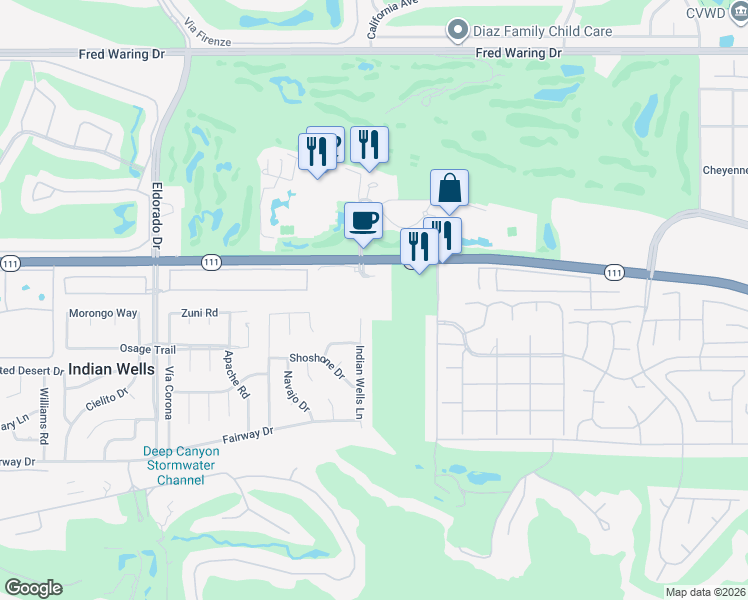 map of restaurants, bars, coffee shops, grocery stores, and more near Indian Wells Lane in Indian Wells