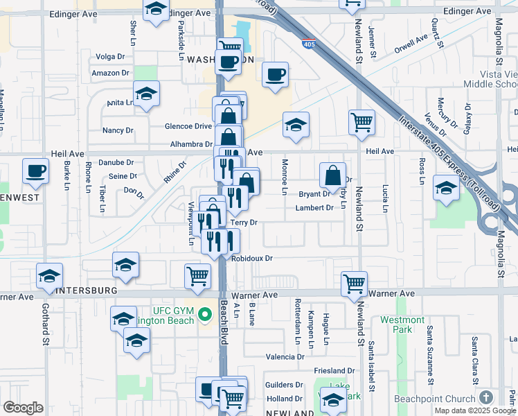 map of restaurants, bars, coffee shops, grocery stores, and more near 8131 Lambert Drive in Huntington Beach