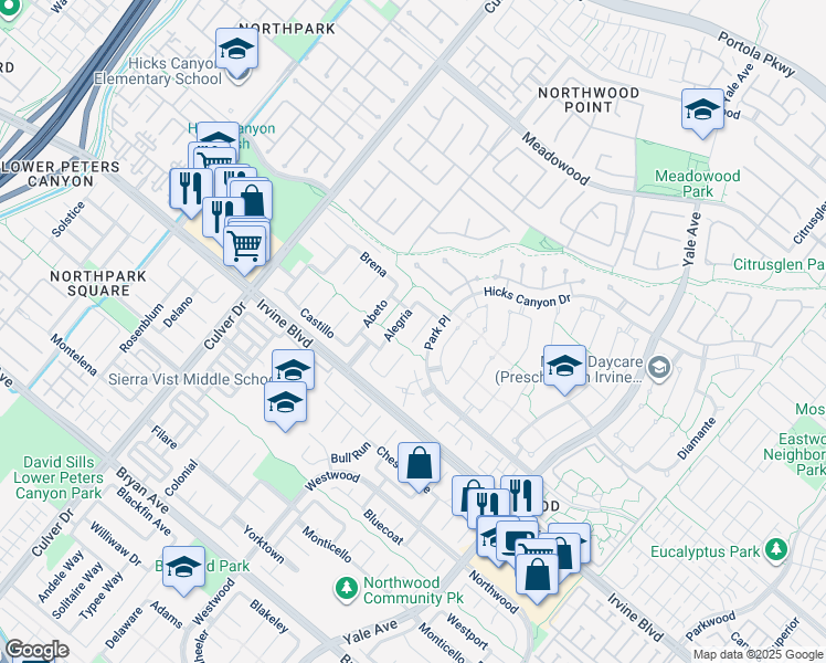 map of restaurants, bars, coffee shops, grocery stores, and more near 16 Hidalgo in Irvine