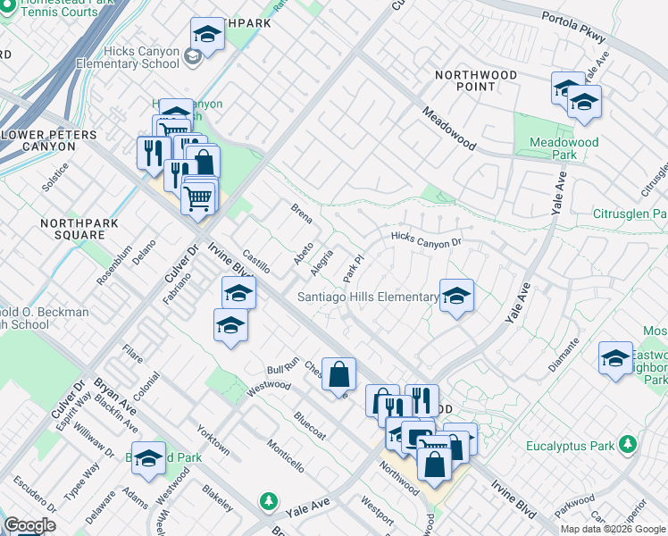 map of restaurants, bars, coffee shops, grocery stores, and more near 12 Hidalgo in Irvine