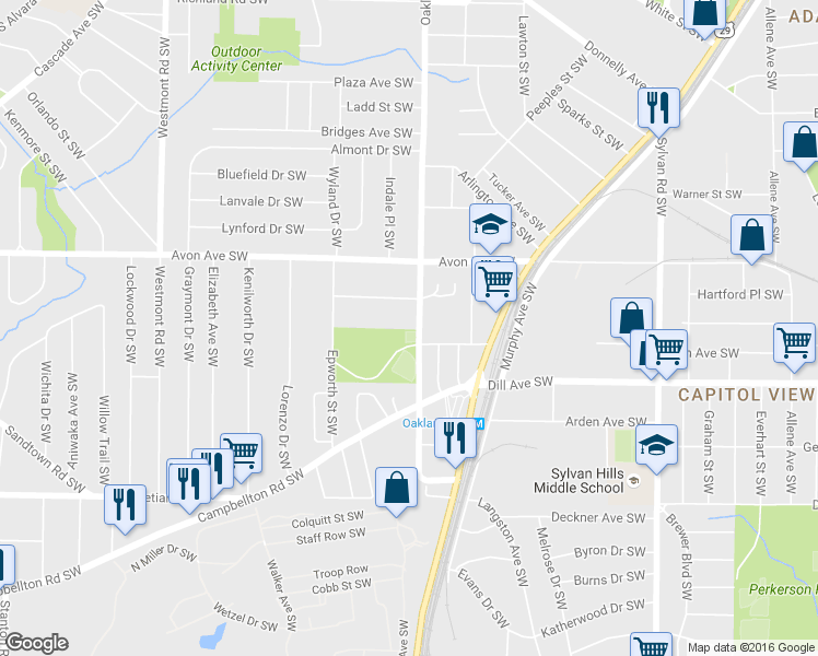 map of restaurants, bars, coffee shops, grocery stores, and more near 1275 Oakland Drive Southwest in Atlanta
