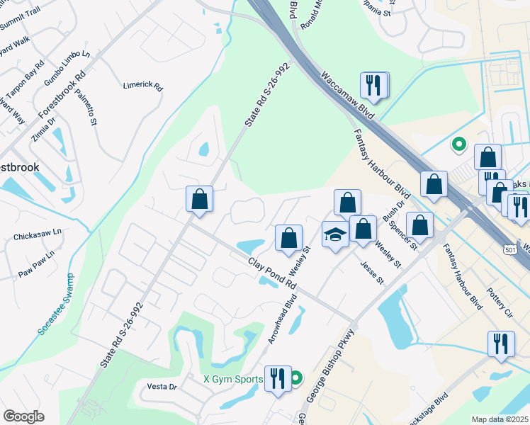 map of restaurants, bars, coffee shops, grocery stores, and more near 112 Rexford Court in Myrtle Beach