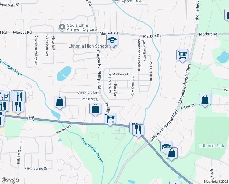 map of restaurants, bars, coffee shops, grocery stores, and more near 2945 Russ Lane in Lithonia
