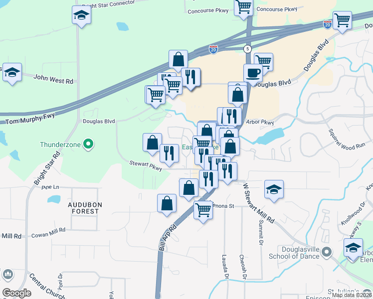 map of restaurants, bars, coffee shops, grocery stores, and more near in Douglasville