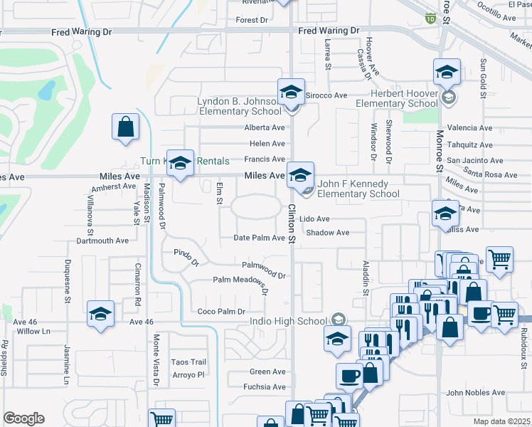 map of restaurants, bars, coffee shops, grocery stores, and more near 81406 Palo Verde Drive in Indio