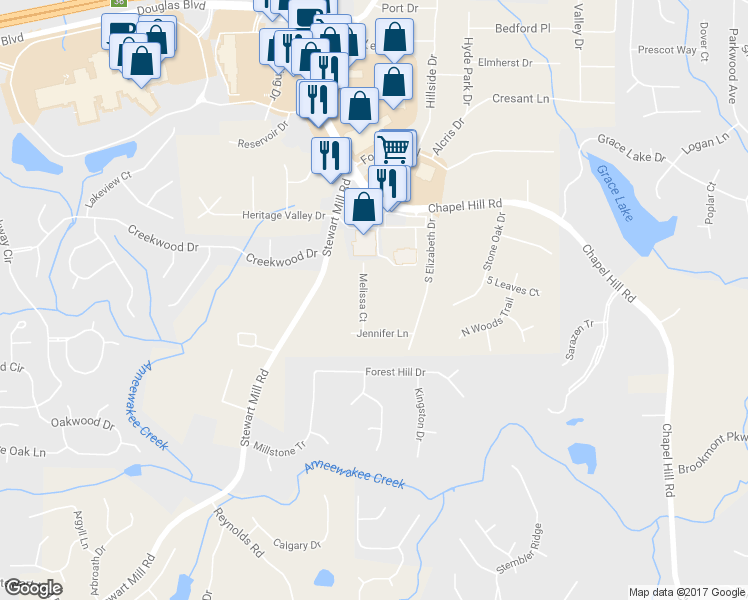 map of restaurants, bars, coffee shops, grocery stores, and more near 3139 South Elizabeth Drive in Douglasville