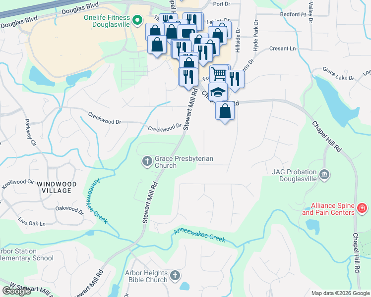 map of restaurants, bars, coffee shops, grocery stores, and more near 4947 Stewart Mill Road in Douglasville