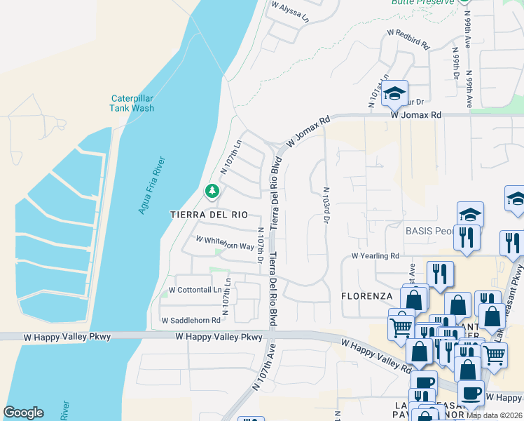map of restaurants, bars, coffee shops, grocery stores, and more near 26097 North 107th Drive in Peoria