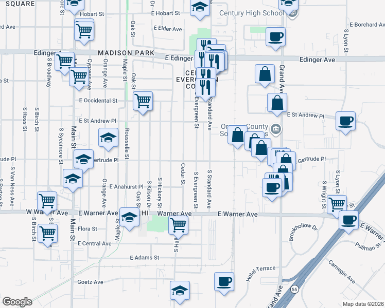 map of restaurants, bars, coffee shops, grocery stores, and more near 2078 Evergreen Street in Santa Ana