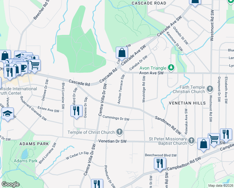 map of restaurants, bars, coffee shops, grocery stores, and more near 1280 Anchor Terrace Southwest in Atlanta
