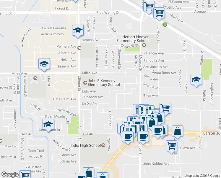 map of restaurants, bars, coffee shops, grocery stores, and more near 81716 Paseo Cielo in Indio