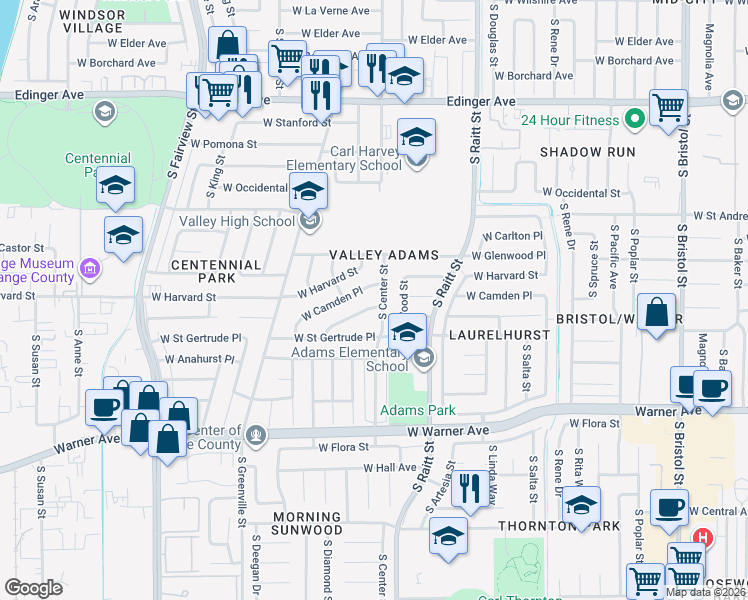 map of restaurants, bars, coffee shops, grocery stores, and more near 2223 West Saint Anne Place in Santa Ana