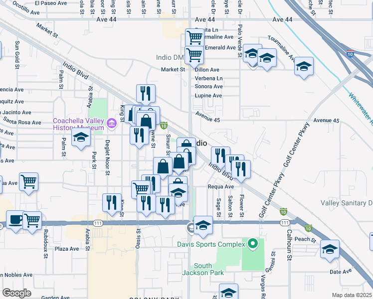 map of restaurants, bars, coffee shops, grocery stores, and more near 45229 Fargo Street in Indio