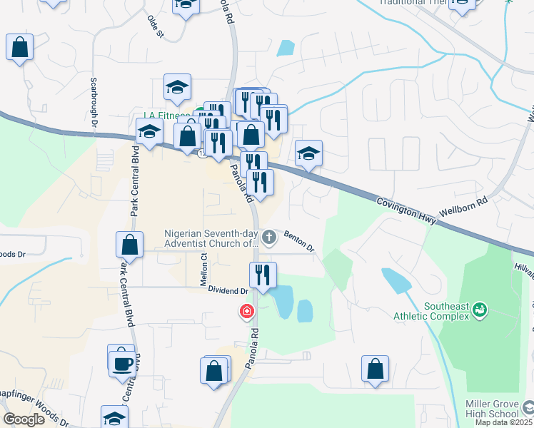 map of restaurants, bars, coffee shops, grocery stores, and more near 2358 Panola Road in Lithonia
