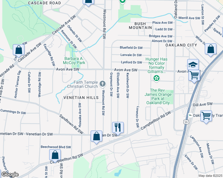 map of restaurants, bars, coffee shops, grocery stores, and more near Graymont Drive Southwest in Atlanta