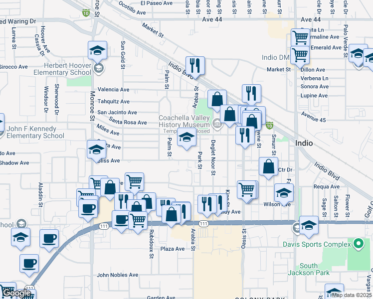 map of restaurants, bars, coffee shops, grocery stores, and more near 82470 Bliss Avenue in Indio