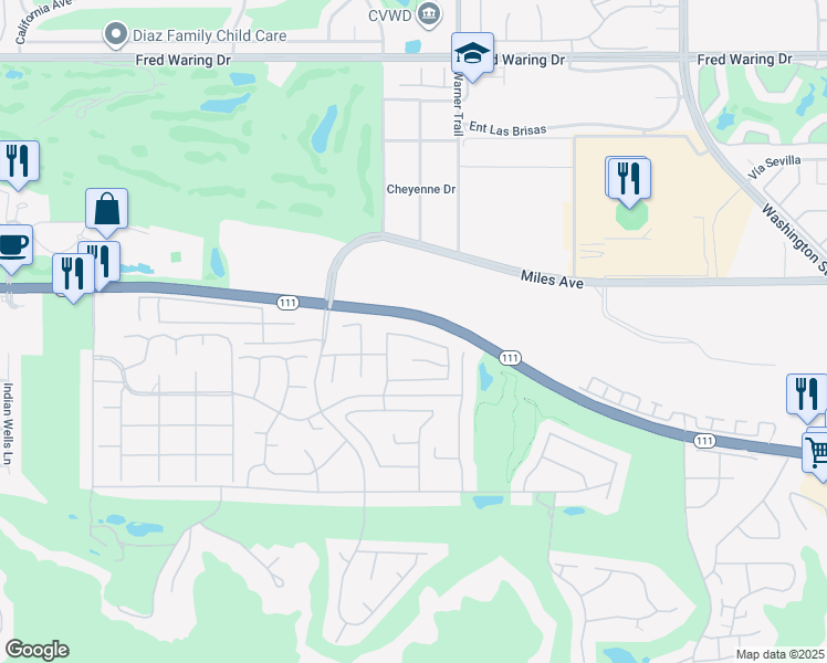 map of restaurants, bars, coffee shops, grocery stores, and more near 77354 Sky Mesa Lane in Indian Wells