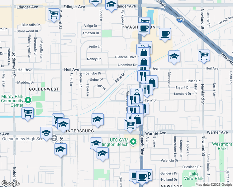 map of restaurants, bars, coffee shops, grocery stores, and more near 16673 Arbor Circle in Huntington Beach