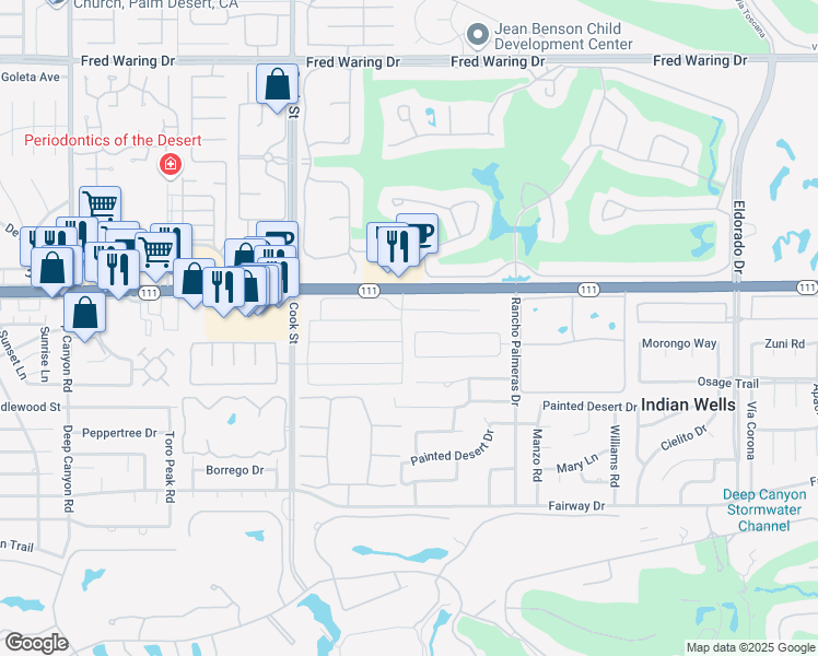 map of restaurants, bars, coffee shops, grocery stores, and more near 75262 Montecito Drive in Indian Wells